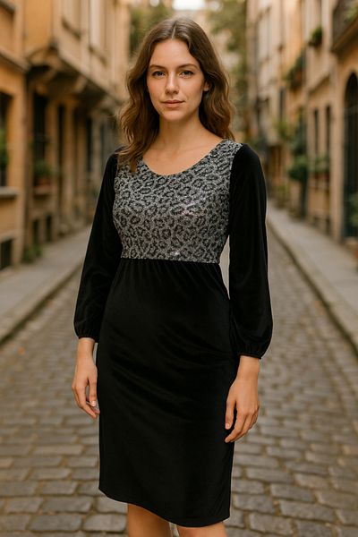 İpeksi Silky Women's Opportunity Product Leopard Pattern Sequin Sequin Embroidered Midi Length Velvet Fabric Dress