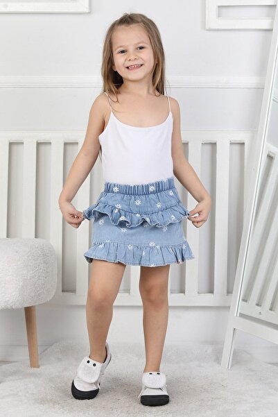 Minigimin Cicileri Miniğimin Cicileri Çiçek Baskılı Fırfır Detaylı Kız Çocuk Kot Şortetek - Açık Mavi