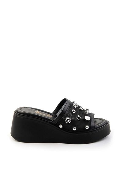 Bambi Black Leather Women's Slippers K 04991060503