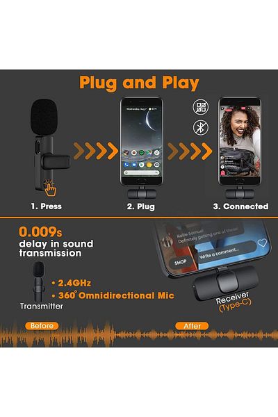fulina Wireless Lavalier/Lapel Microphone,with Type-C Connector for IOS and Android, Plug and Play,Black