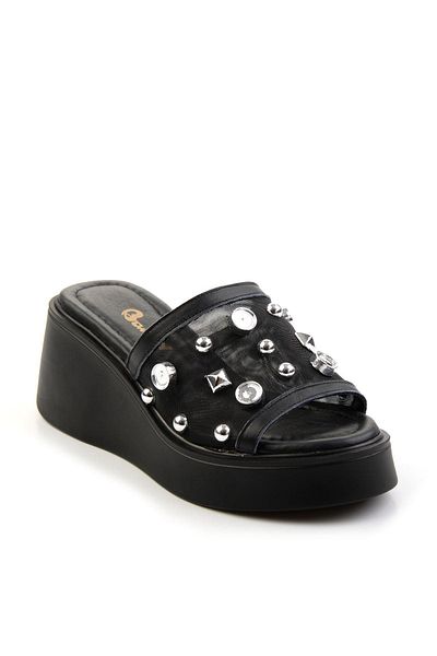 Bambi Black Leather Women's Slippers K 04991060503