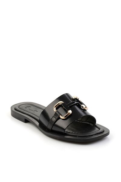 Bambi Black Leather Women's Slippers K04826076503