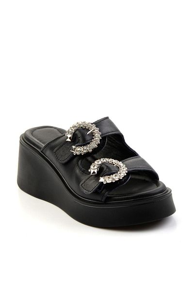 Bambi Black Leather Women's Slippers K04991060403
