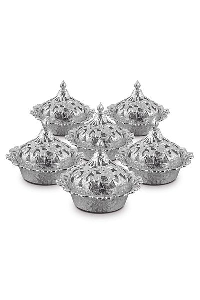 Sena 6 Pieces Motif Embroidered Round Metal Turkish Delight Bowl (356-6)