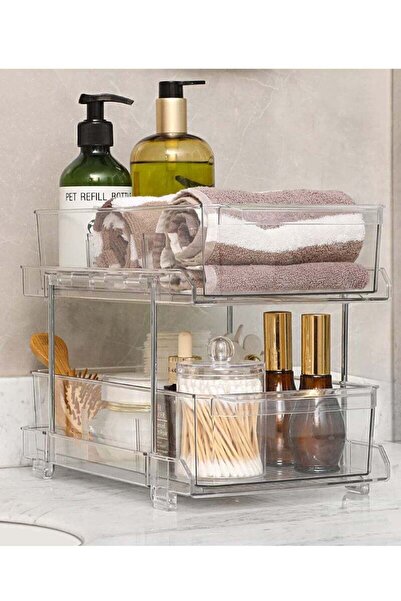 Yelajoy 2-piece double-layer transparent storage box,with removable dividers,pull-out design,for bathroom