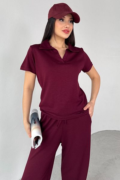 Cappmoda TKM-03690 Μπλούζα με λαιμόκοψη μπορντό πόλο φαρδύ παντελόνι Σετ δύο τεμαχίων