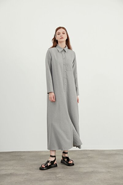 Birgül Bektaş Gri Çizgili Elbise