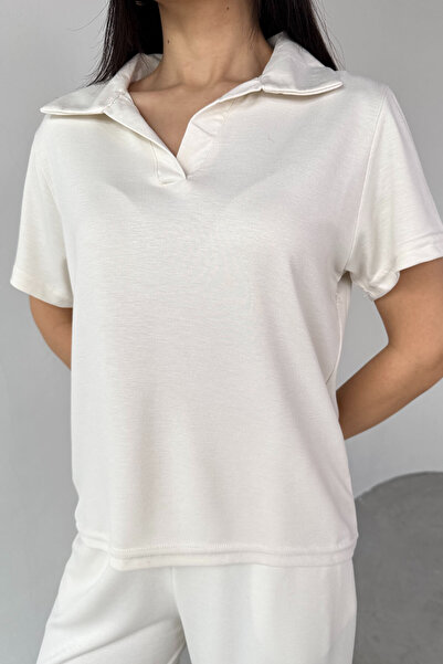 Cappmoda Tkm-03690 Ecru Polo Neck Blouse Loose Trousers Double Set