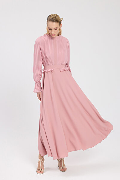Birgül Bektaş Pudra Bedeni Piliseli Krep Şifon Elbise