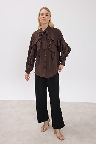 Birgül Bektaş Καφέ πουκάμισο με λεπτομέρεια βολάν