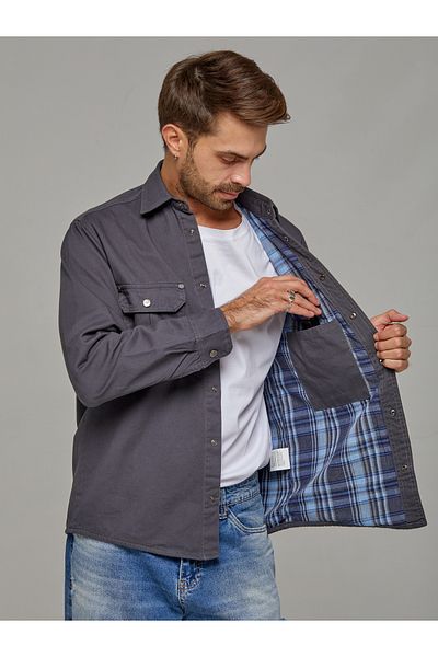 muzzo jeans Jachetă cămașă gri din bumbac din Gabardină cu țesătură în carouri în interior