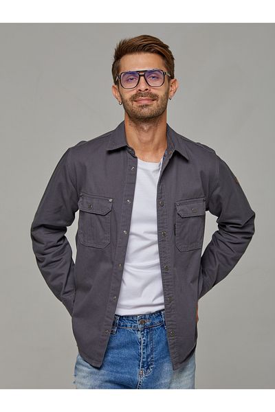 muzzo jeans Jachetă cămașă gri din bumbac din Gabardină cu țesătură în carouri în interior