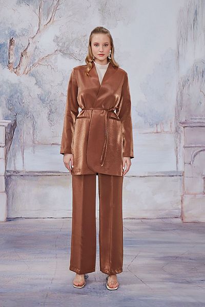 Birgül Bektaş Collarless Brown Blazer Jacket Set