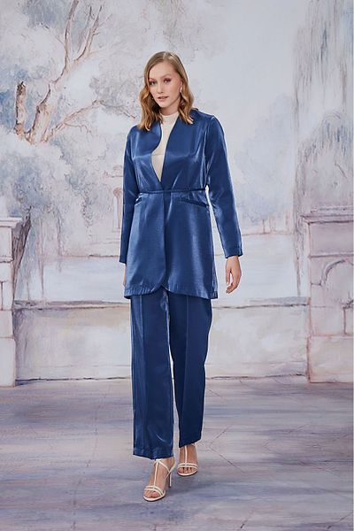 Birgül Bektaş Navy Blue Blazer Jacket Set - Collarless