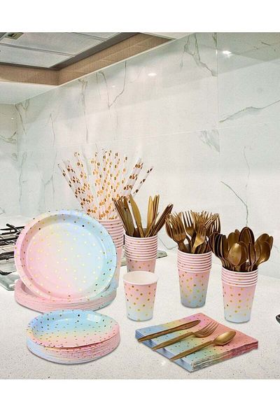 COOYA Disposable Tableware Set for 25 Guests, No BPA, Disposable Paper Birthday Dinnerware Plates