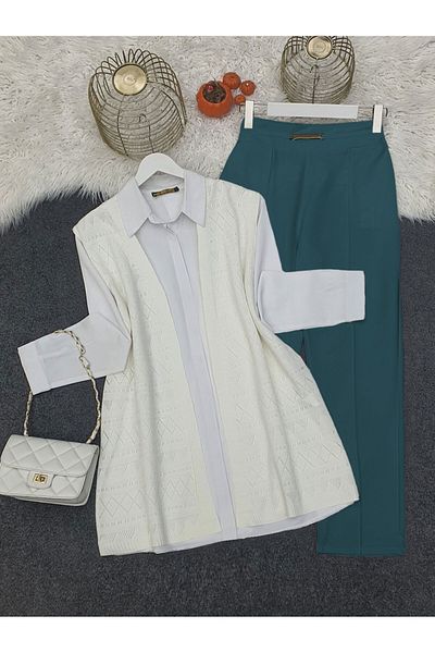 Modamorfo Openwork Zero Sleeve Sweater-Cardigan Ecru Color