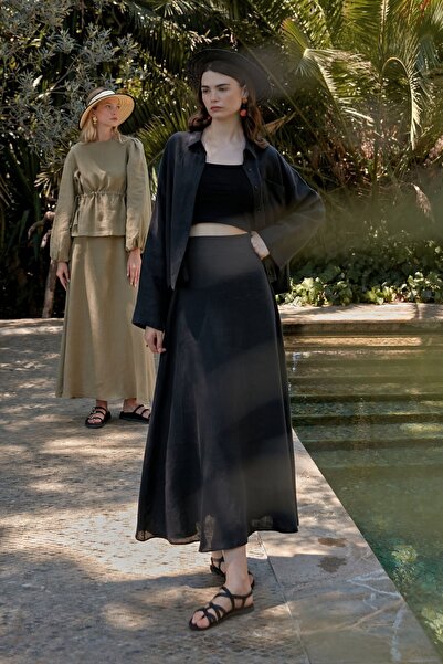 Birgül Bektaş Siyah Tek Cep Detaylı Keten Etek Takım