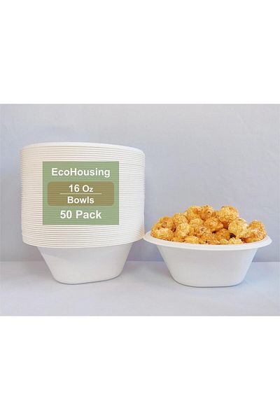 COOYA Large Disposable Bowls, Heavy-Duty, Biodegradable, Microwavable, for Salad, Soup (16oz, 50Pcs)