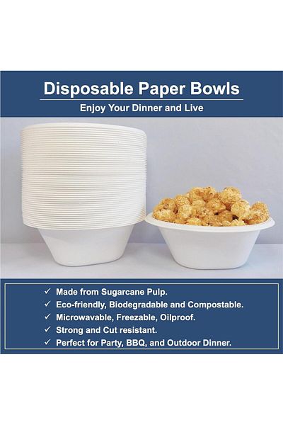 COOYA Large Disposable Bowls, Heavy-Duty, Biodegradable, Microwavable, for Salad, Soup (16oz, 50Pcs)