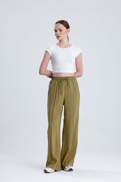 fujya Elastic Waist Double Pocket Modal Trousers Oil Green