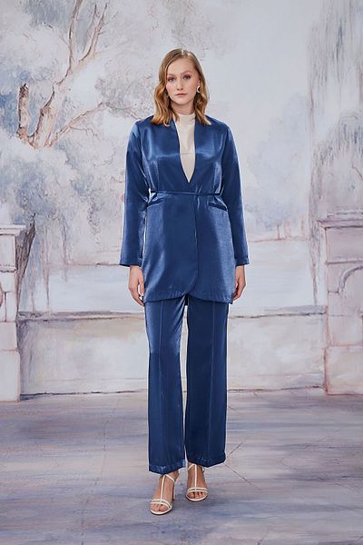 Birgül Bektaş Navy Blue Blazer Jacket Set - Collarless