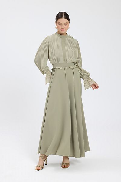 Birgül Bektaş Khaki Size Pleated Crepe Chiffon Dress