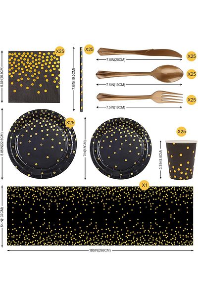 COOYA 201 Pcs Disposable Tableware, Plates, Tablecloth, Napkins, Knife, Fork, Spoon, Straws and Cups