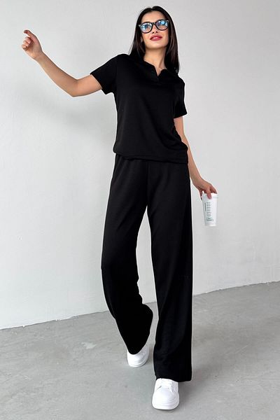 Cappmoda Tkm-03690 Black Polo Collar Blouse Loose Trousers Double Set