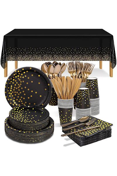 COOYA 201 Pcs Disposable Tableware, Plates, Tablecloth, Napkins, Knife, Fork, Spoon, Straws and Cups