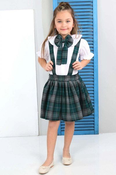 Riccotarz Girl's Green Salopet Suit with Ruffled Sleeves and Square Striped Skirt over Baby Collar Shirt