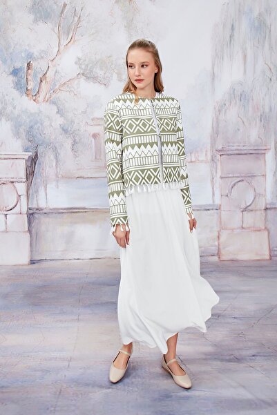 Birgül Bektaş Patterned Green Jacket - Tassel Detailed