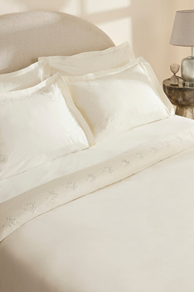 Karaca Home Striped Embroidered 100% Cotton Double Duvet Cover Set White
