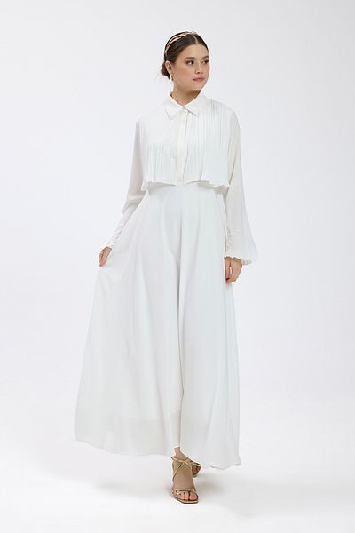 Birgül Bektaş Ecru Cuff Detailed Pleated Dress