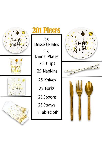 COOYA 201 Pieces Disposable Dinnerware Set, Suitable Birthday Party, for 25 Guests(White)