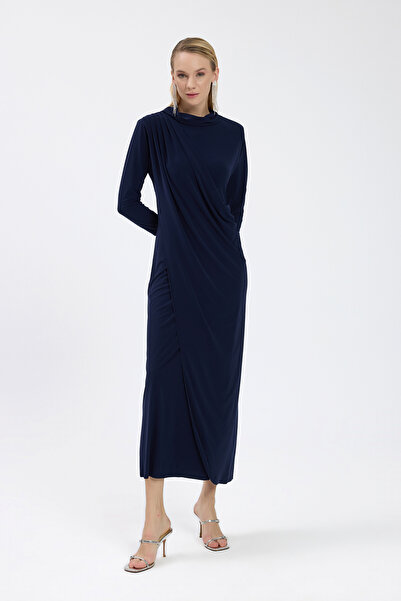 Birgül Bektaş Lacivert Drape Detaylı Elbise