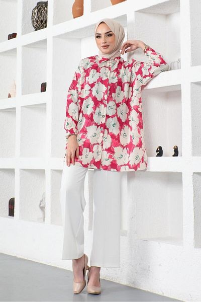 giyze Patterned Hijab Shirt Fuchsia 8889