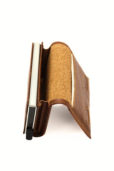 willpolo Genuine Calfskin Natural Pouch Compartment Mechanism Automatic Tan Card Holder Wallet