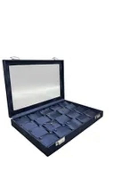 MeGass Dekor New Glass Covered Imera Leather Fabric Navy Blue Color 34 cm / 24 cm Compartment Pendant Table