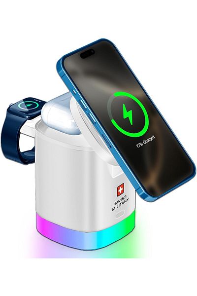 Swiss Military 3-in-1 Wireless Magnetic Charger for iPhone, AirPods, Apple Watch & Qi2 Devices–Fast Charging, White