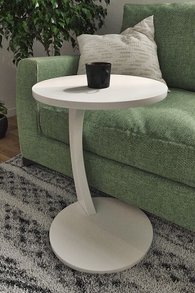 interGO C-shaped Round End Table With Rolling Wheels - White