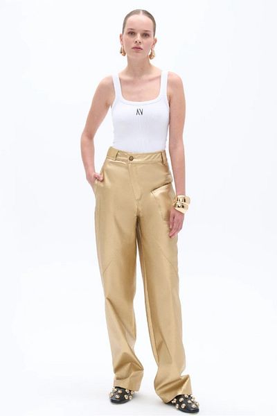 Nocturne Pantaloni largi, aurii, din piele artificială, pentru femei, cu picioare largi, N25KN3309