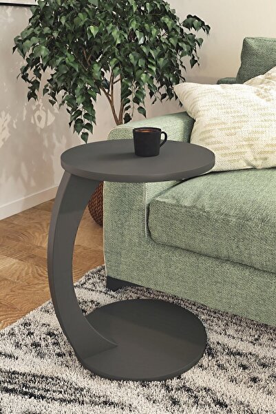interGO C-shaped Round End Table With Rolling Wheels - Gray