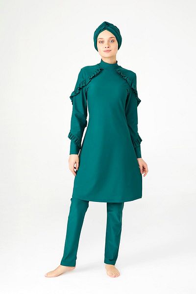 Adasea Ruffle Design Lycra Full Covered Hijab Μαγιό Ruffle 4104 Πράσινο