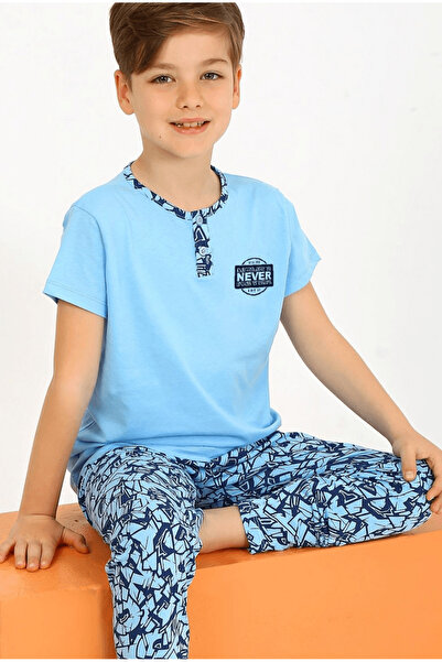 Little Miny Kids Minykids Blue Short Sleeve 100% Cotton Male Child Pajamas Suit