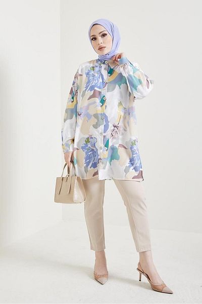 giyze Patterned Hijab Shirt Beige 8880