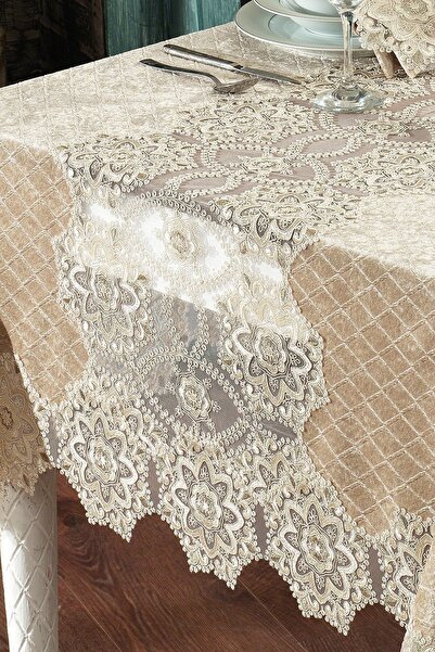 Evlen Home Collection Velvet Luxury Tablecloth Set Lace Laced 25 Pieces Date Cappuccino