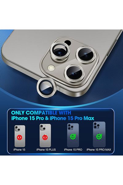 AWH iPhone 15 Pro/Pro Max Camera Lens Protector, Bling Metal Diamond Ring, 9H Scratchproof (Gray)