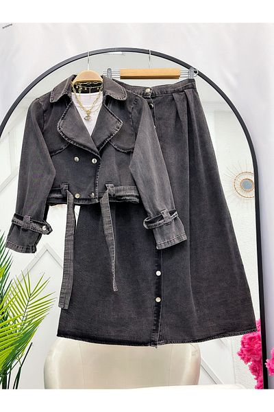 YEDİLALE Denim Jacket Skirt Suit [Antiqued Floor Floor Opened Dark Places Available, Wide Fit]