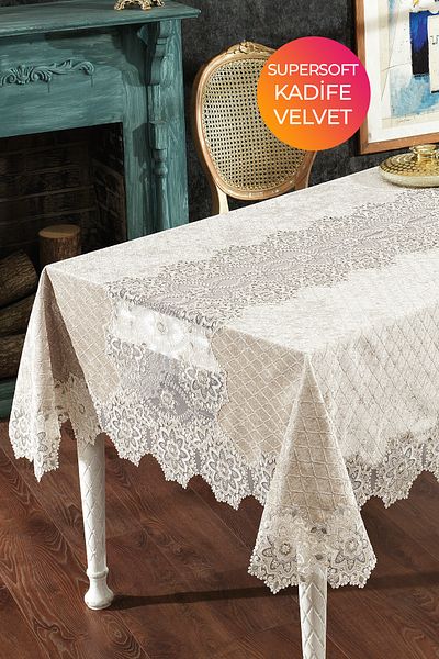 Evlen Home Collection Date Velvet Față de masă unică de lux Lacy Laced Cream