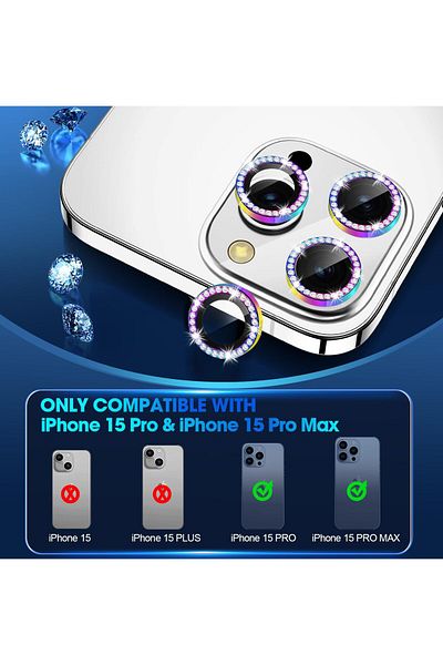 AWH iPhone 15 Pro/Pro Max Camera Lens Protector, Bling Metal Diamond Ring 9H Scratchproof (Rainbow)